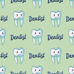 Seamless Pattern Mint Kawaii Tooth and Text Dentist Small Design on Pastel Green Background
