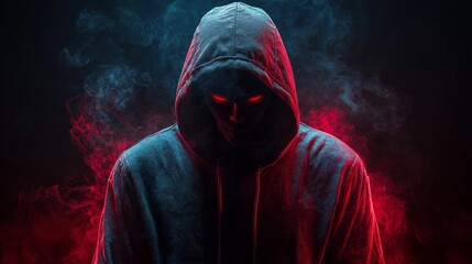 Mysterious faceless figure in hoodie amidst smoke with red and blue lighting for dark atmosphere poster