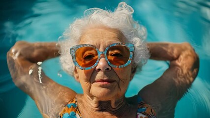 Joyful senior caucasian woman with silver hair floating in swimming pool wearing stylish blue orange sunglasses and floral swimsuit during summer day. Active aging, wellness and retirement lifestyle