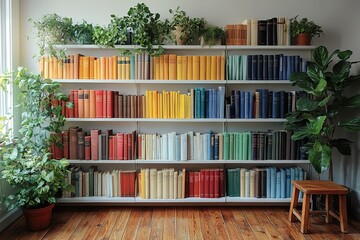 Colorful Bookshelf: A vibrant arrangement of books sorted by color complemented by lush greenery creates a serene and organized ambiance