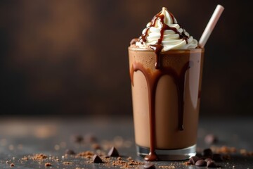 Thick chocolate milkshake topped with melting vanilla ice cream and rich chocolate sauce , texture, beverage