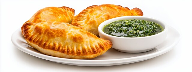 Delectable Golden Empanadas with Zesty Chimichurri Sauce: A Culinary Delight. Flaky Pastry and Savory Filling, Perfect Appetizer o