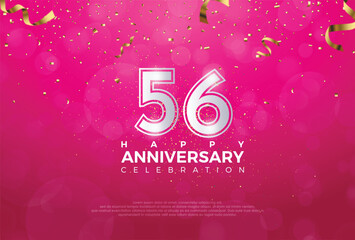 56th Anniversary celebration, 56 Anniversary celebration, Realistic 3d sign, stars, Pink background, festive illustration, Silver number 56 sparkling confetti, 56,57