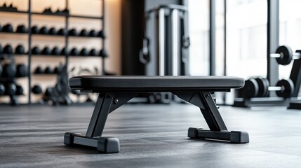 Fototapeta premium A black adjustable weight bench sits in a modern gym. Dumbbells are in the background, suggesting a workout environment. The bench is clean and well-maintained