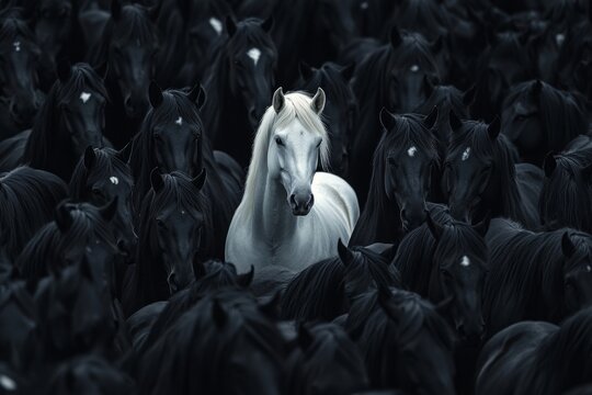 Dramatic scene of a dense herd of black horses with a striking white horse at the center
