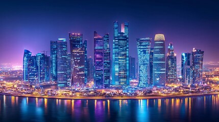 Fototapeta premium Vibrant Night Cityscape of Modern Skyscrapers and Waterfront Scene