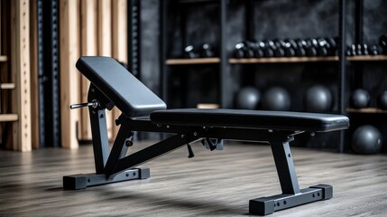 A black adjustable weight bench sits in a modern gym. Dumbbells are in the background, suggesting a workout environment. The bench is clean and well-maintained