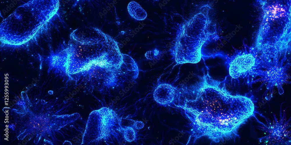 Aufkleber blue microorganisms under microscope in dark background