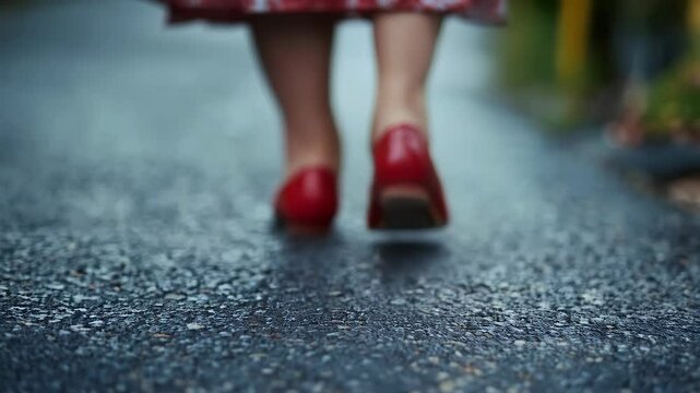 Close up of senior woman tired feet, legs in bright red vintage shoes walking on asphalt road, wearing floral dress. Concept of foot fatigue, aging and physical exhaustion
