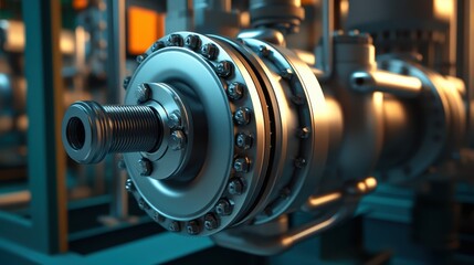 Fototapeta premium Industrial electric pump macro, showcasing metal frame, bolts, and precision-engineered pipes.