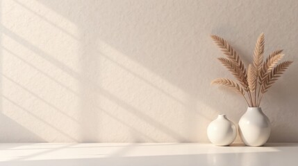Fototapeta premium Serene Minimalist Home Decor Scene with Dried Flowers in White Vases on a Bright Surface