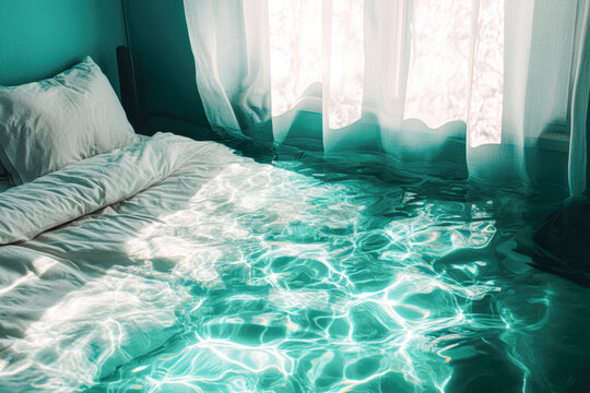 Surreal waterbed scene cozy bedroom with dreamlike aesthetic