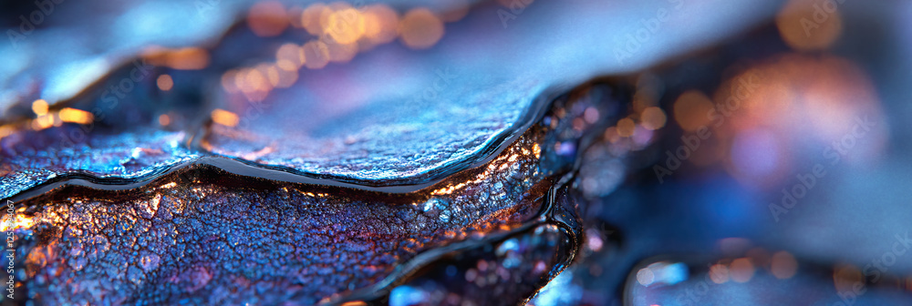 Poster iridescent surface with dark liquid and bokeh background