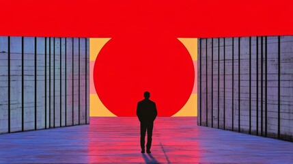 Silhouette of a man standing in a minimalist hallway with a large red circle in the background.