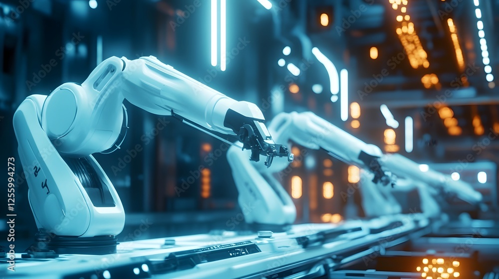 Poster futuristic factory automation:robotic arms applying lubrication to machinery