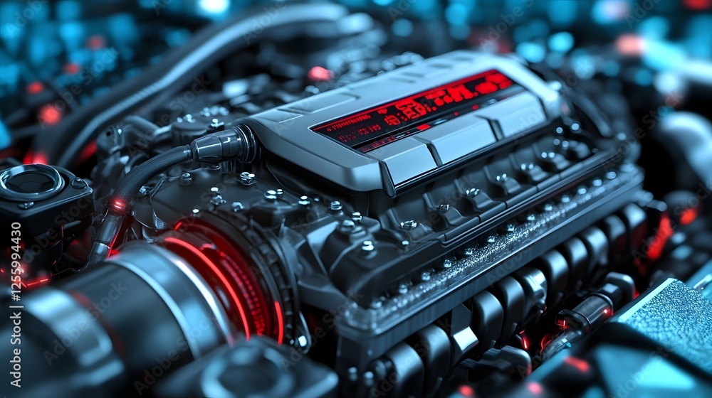 Aufkleber streamlined car engine with advanced monitoring displays and lubricant flow