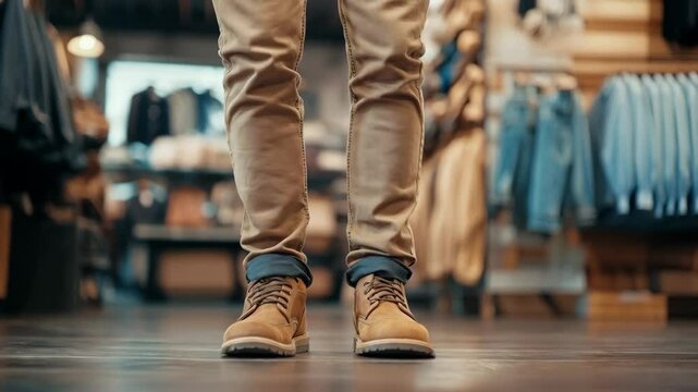 Close up of man legs in beige chinos and brown leather work boots standing in retail store. Man sales associate during long shift in clothing shop. Standing job, retail work and occupational footwear