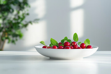 Fresh cherries with green leaves in white bowl  .