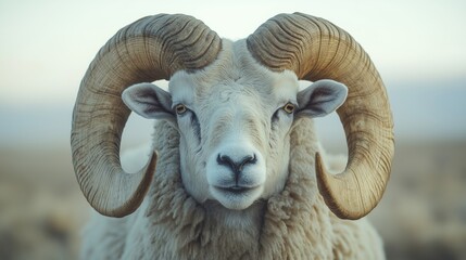 Majestic ram with curved horns in serene landscape focus character artistic design