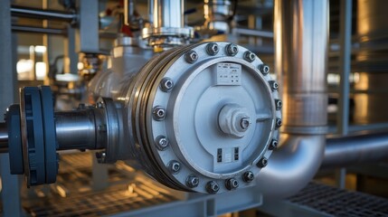 Obraz premium Petrochemical electric pump close-up, metallic housing, rugged framework, and secure piping.