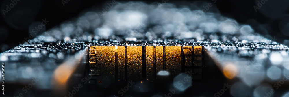 Poster close-up of sim card microchip with water droplets