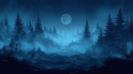 Minimalist design of a dark, foggy forest with mysterious mist and moonlit atmosphere