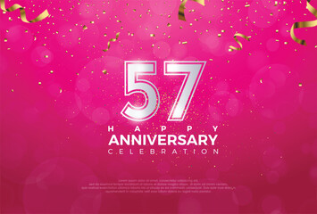 57th Anniversary celebration, 57 Anniversary celebration, Realistic 3d sign, stars, Pink background, festive illustration, Silver number 57 sparkling confetti, 57,58