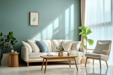 Wooden coffee table and chair. gray sofa against green wall
