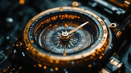 Gold compass close-up, circuit board background, navigation, technology