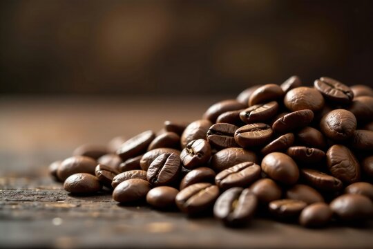 Aromatic Roasted Coffee Beans in a Close-Up View on a Dark Wooden Surface
