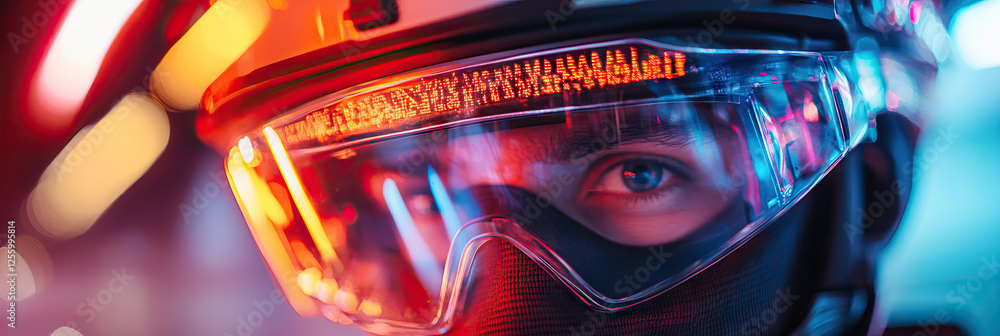 Poster close-up of person wearing helmet with visor displaying text and balaclava under neon lighting