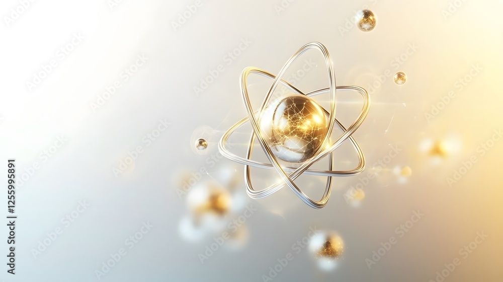 Poster golden atomic structure with orbiting particles