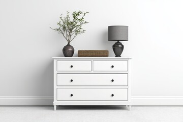 Fototapeta premium Elegant white dresser adorned with decor elements in a serene interior setting