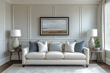 Living room showcasing a neutral color scheme with a white sofa decorative pillows and landscape art offering a serene and inviting ambiance