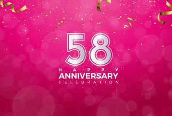 58th Anniversary celebration, 58 Anniversary celebration, Realistic 3d sign, stars, Pink background, festive illustration, Silver number 58 sparkling confetti, 58,59