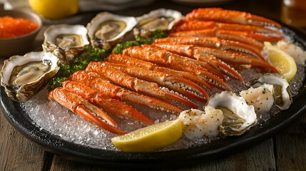 Delicious seafood platter with crab legs, oysters, shrimp, and lemon on ice.