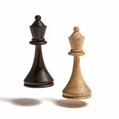 Two wooden chess pieces, one black and one white, are floating in the air. The black piece is a king, and the white piece is a queen. Concept of playfulness and lightheartedness