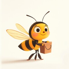 Cute Bee Carrying Shopping Bag, Cartoon Character, Adorable, Digital Illustration, Children's Book