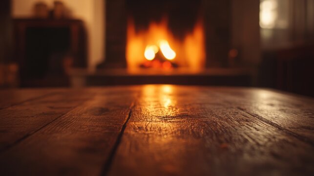 Cozy fireplace ambiance with blurred flames reflecting on a rustic wooden surface, winter warmth