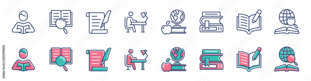 Aufkleber knowledge research cognition icon line set education study journal literature learning book library 