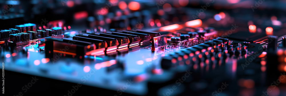 Poster close-up of illuminated computer motherboard components