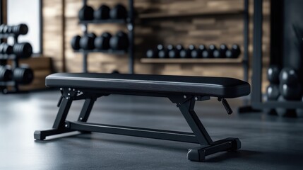 Fototapeta premium A black adjustable weight bench sits in a modern gym. Dumbbells are in the background, suggesting a workout environment. The bench is clean and well-maintained
