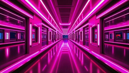 Futuristic corridor illuminated by vibrant pink neon lights