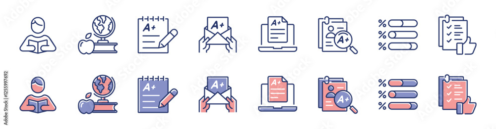 Poster education school exam test icon line set questionnaire task quiz pass grade evaluation signs vector 