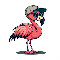A cartoon flamingo with a vibrant pink body black tipped wings wearing a baseball cap and sunglasses and a fashionable streetwear look