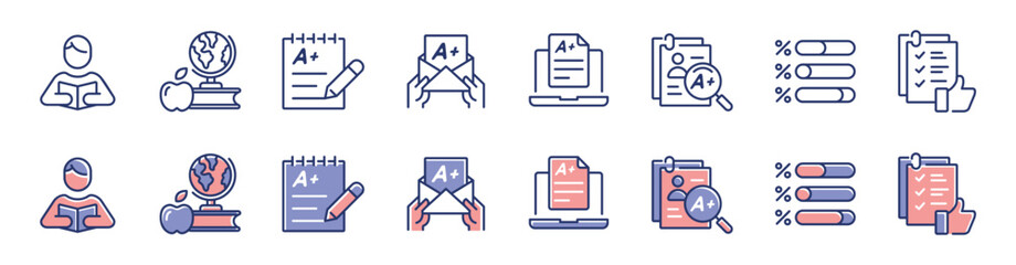 education school exam test icon line set questionnaire task quiz pass grade evaluation signs vector illustration for web and app