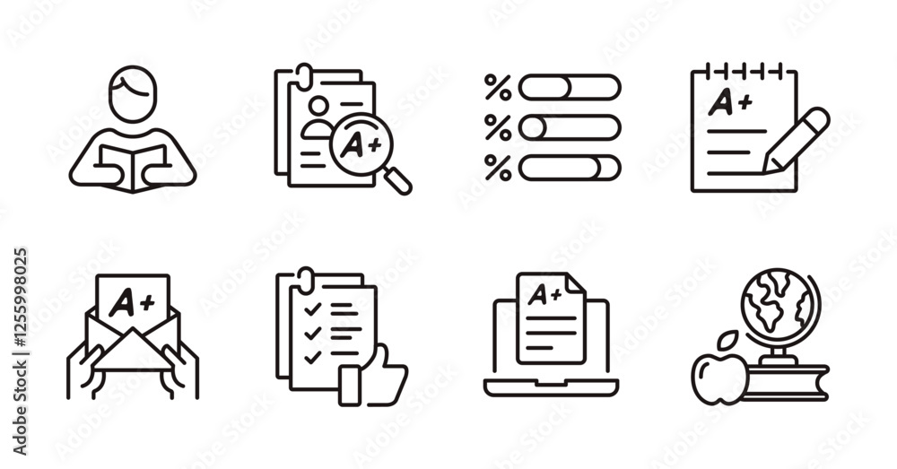 Poster simple quiz test score icon line set school exam study evaluation pass grade score signs vector outl