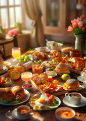 Fototapeta premium illustration of easter breakfast, brunch, dinner, lunch, food