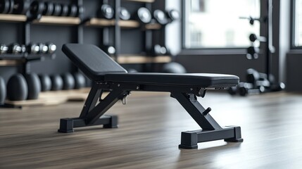 A black adjustable weight bench sits in a modern gym. Dumbbells are in the background, suggesting a workout environment. The bench is clean and well-maintained
