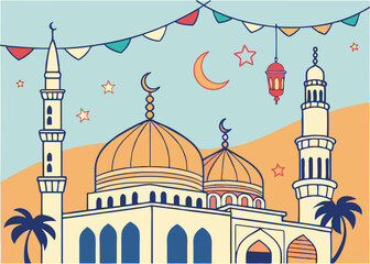 Ramadan Mubarak, Festive Mosque Domes & Minarets, Islamic Design Vector Illustration Art Eid Star   